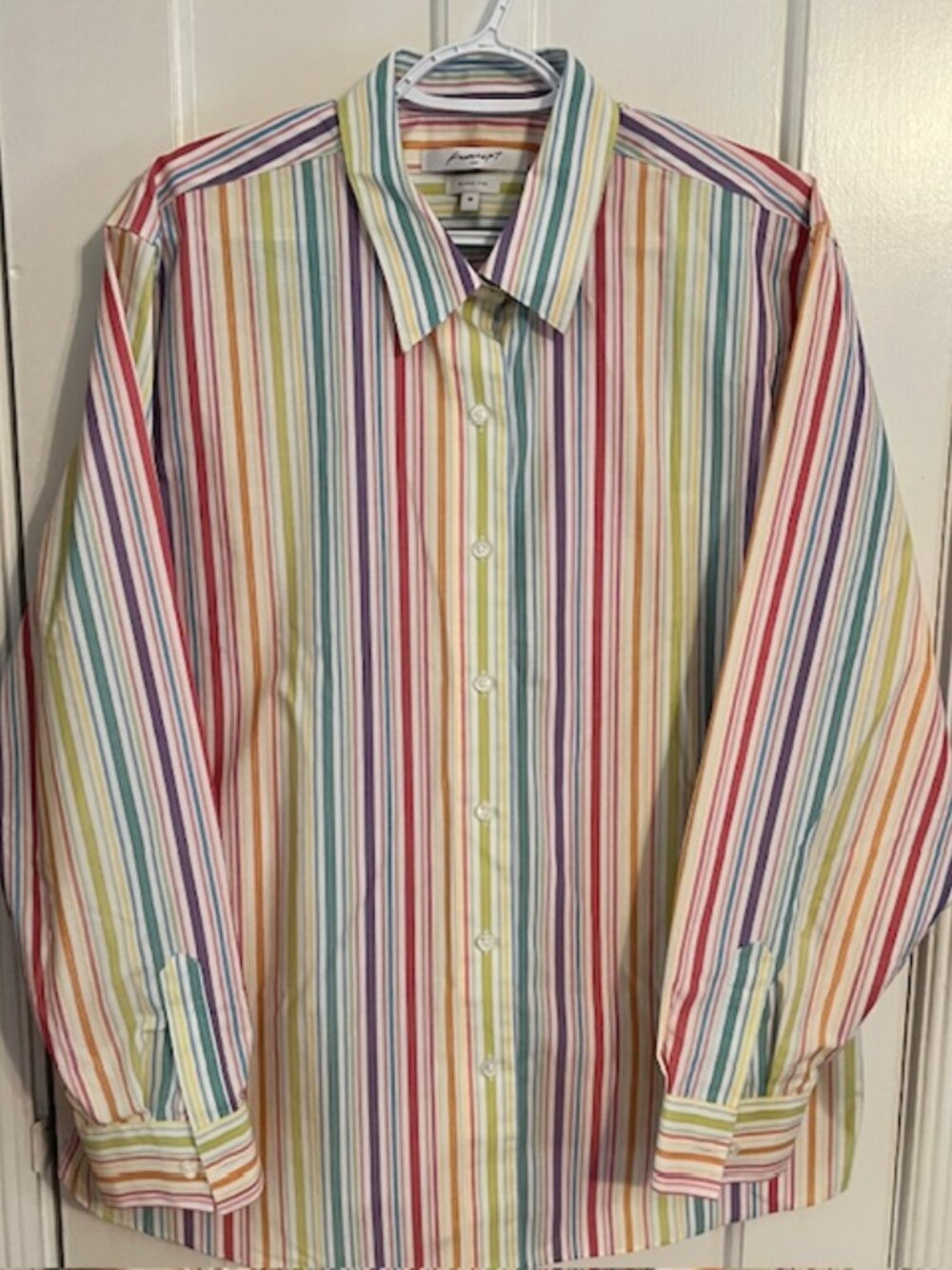 FOXCROFT WOMEN'S STRIPED MULTICOLOR NO-IRON LS BUTTONDOWN BLOUSE, 18; LIKE NEW!